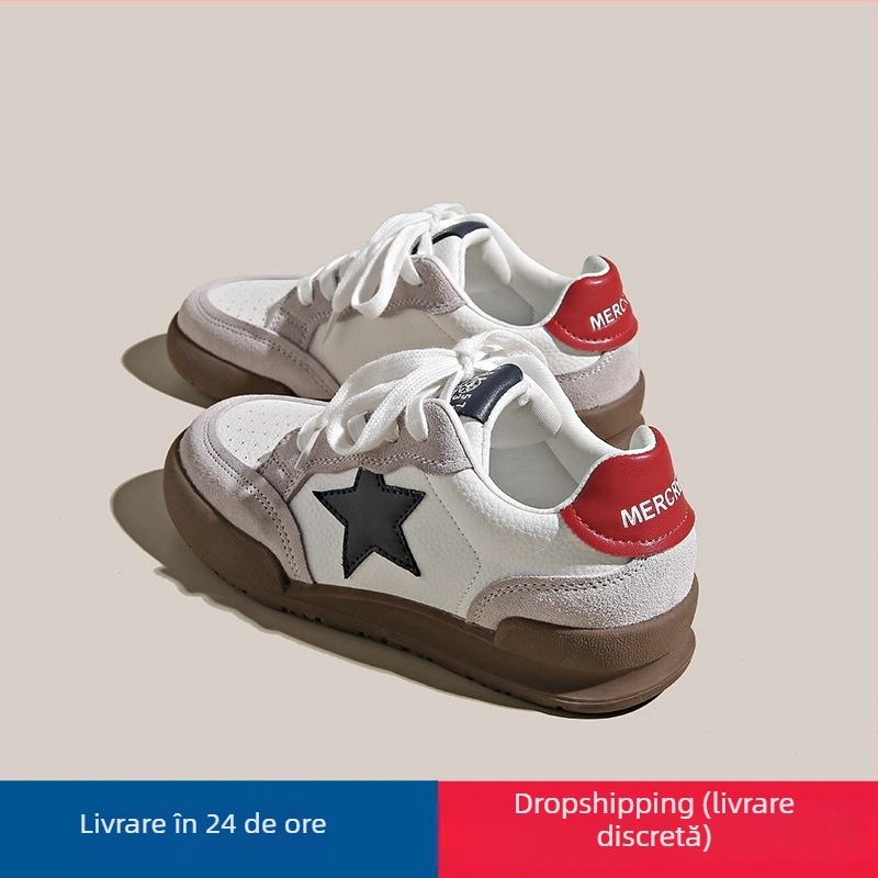 Adidași casual pentru femei, cu upper din piele de vită, talpă groasă 3-5 cm și închidere cu șireturi pe față.