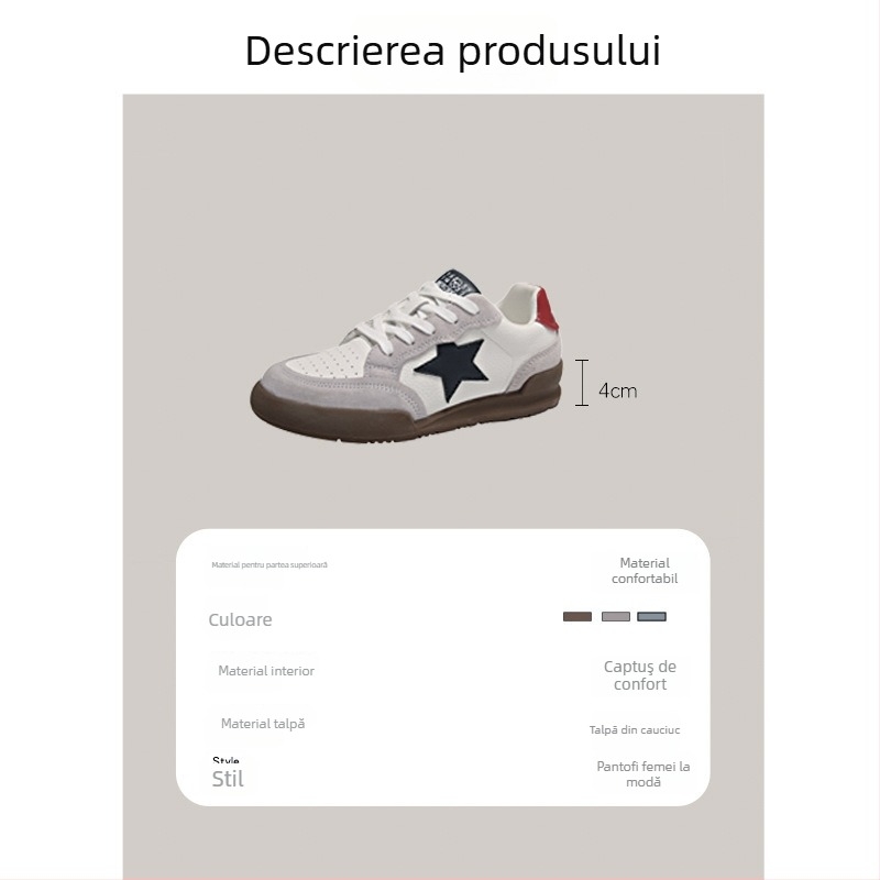 Adidași casual pentru femei, cu upper din piele de vită, talpă groasă 3-5 cm și închidere cu șireturi pe față.