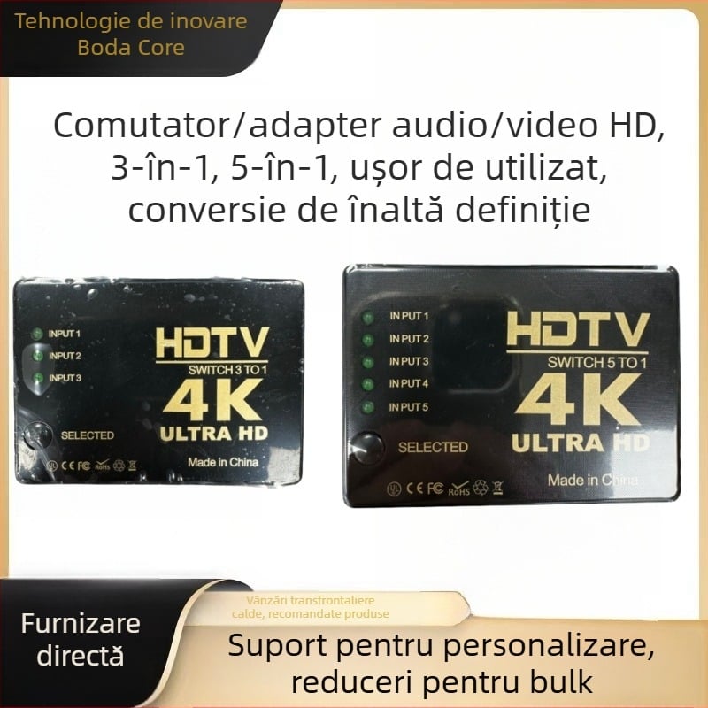 Bdxc-3–1/5–1 comutator audio-video 4K cu distribuitor IR și telecomandă pentru TV, ecran divizat