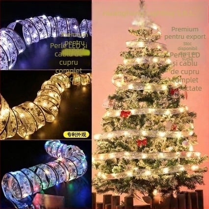 Șir de lumini decorativ cu formă de floare, panglică satinată, 100 LED, 4,5V, IP44, 6000K, alimentare cu baterie