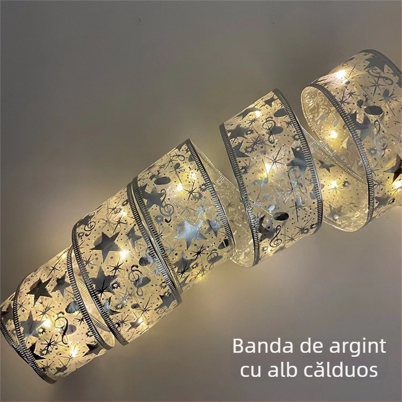 Șir de lumini decorativ cu formă de floare, panglică satinată, 100 LED, 4,5V, IP44, 6000K, alimentare cu baterie