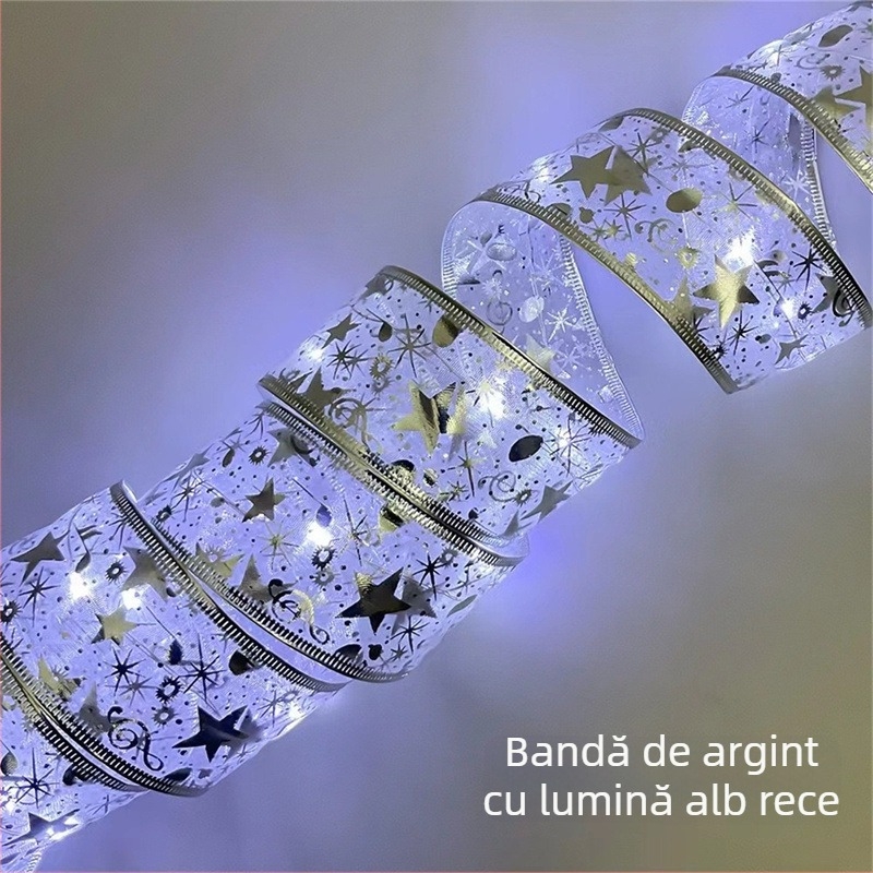 Șir de lumini decorativ cu formă de floare, panglică satinată, 100 LED, 4,5V, IP44, 6000K, alimentare cu baterie