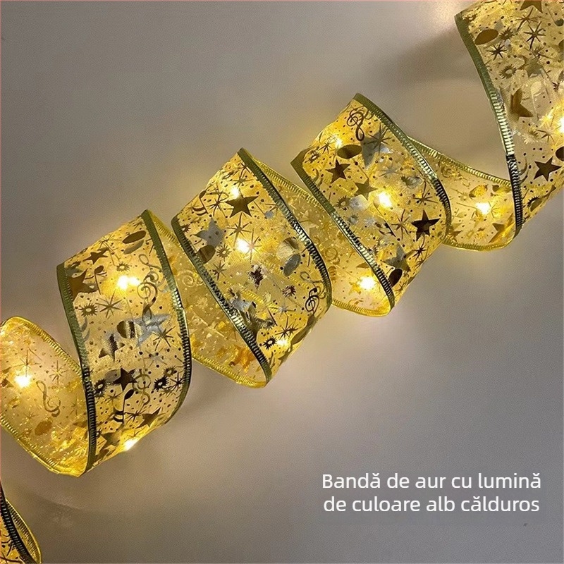 Șir de lumini decorativ cu formă de floare, panglică satinată, 100 LED, 4,5V, IP44, 6000K, alimentare cu baterie