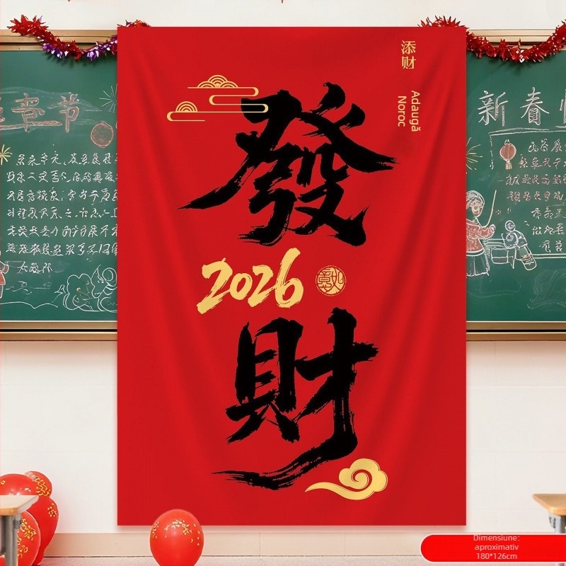 Fundal decorativ suspendat cu tema Anul Calului, pentru grădinițe și școli; material pânză, stil animat, recuzită decorativă pentru spații