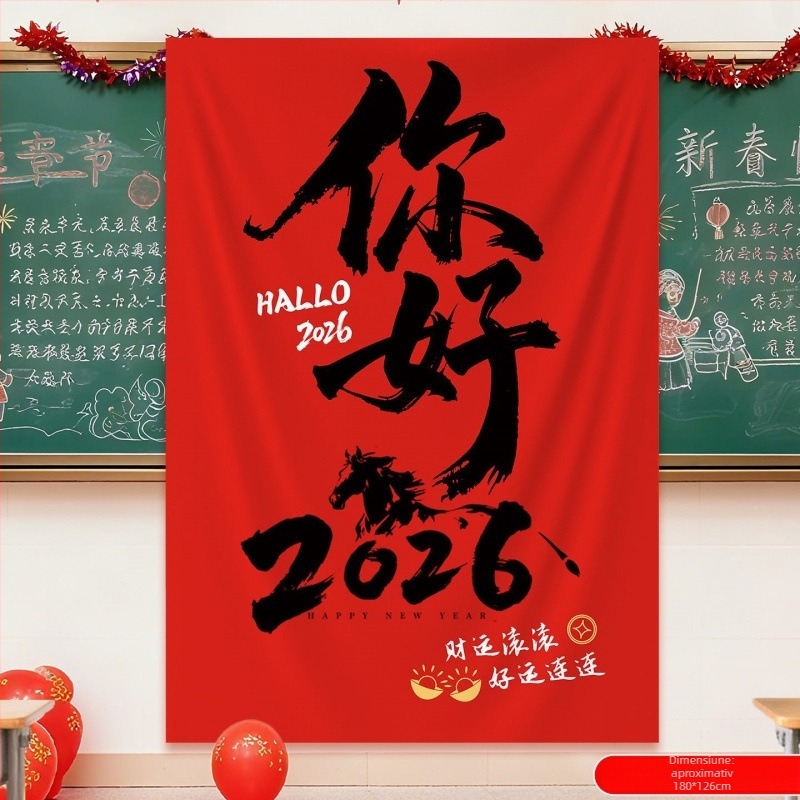 Fundal decorativ suspendat cu tema Anul Calului, pentru grădinițe și școli; material pânză, stil animat, recuzită decorativă pentru spații