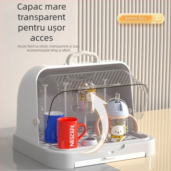 Cutie de depozitare pentru tacâmuri și jucării de bebe cu capac anti-praf și raft de scurgere; spațiu pentru biberon și pahare; cutie pentru lapte praf cu două etaje