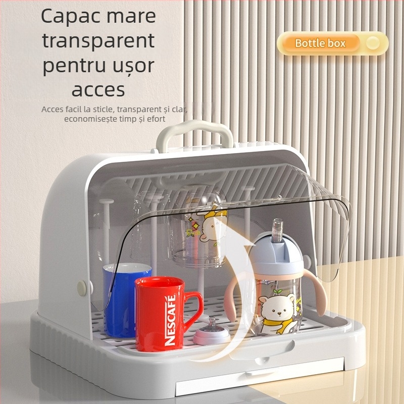 Cutie de depozitare pentru tacâmuri și jucării de bebe cu capac anti-praf și raft de scurgere; spațiu pentru biberon și pahare; cutie pentru lapte praf cu două etaje