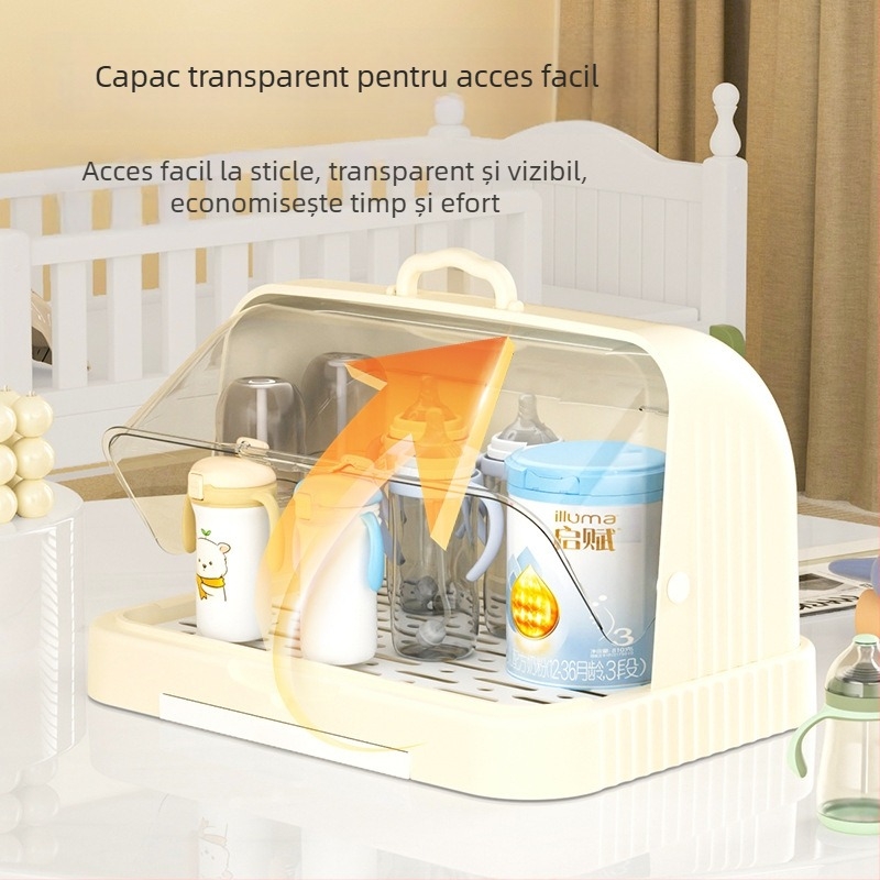 Cutie de depozitare pentru tacâmuri și jucării de bebe cu capac anti-praf și raft de scurgere; spațiu pentru biberon și pahare; cutie pentru lapte praf cu două etaje