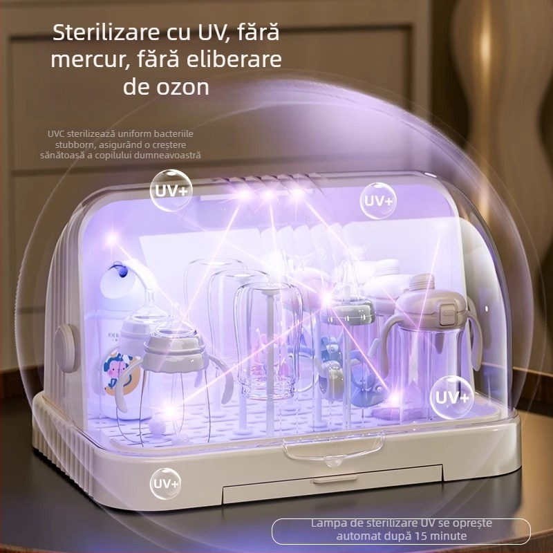 Cutie de depozitare pentru tacâmuri și jucării de bebe cu capac anti-praf și raft de scurgere; spațiu pentru biberon și pahare; cutie pentru lapte praf cu două etaje