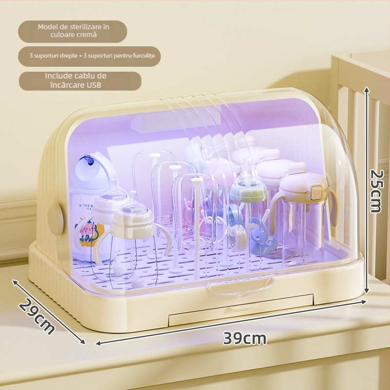 Cutie de depozitare pentru tacâmuri și jucării de bebe cu capac anti-praf și raft de scurgere; spațiu pentru biberon și pahare; cutie pentru lapte praf cu două etaje