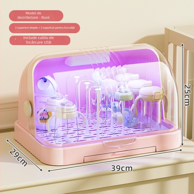 Cutie de depozitare pentru tacâmuri și jucării de bebe cu capac anti-praf și raft de scurgere; spațiu pentru biberon și pahare; cutie pentru lapte praf cu două etaje