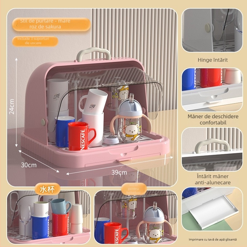 Cutie de depozitare pentru tacâmuri și jucării de bebe cu capac anti-praf și raft de scurgere; spațiu pentru biberon și pahare; cutie pentru lapte praf cu două etaje