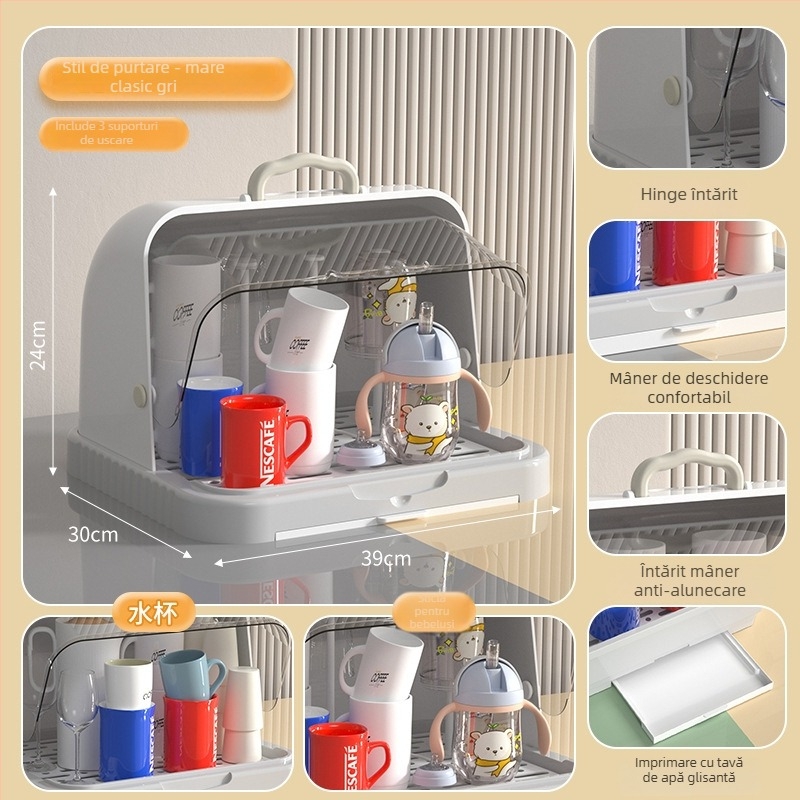 Cutie de depozitare pentru tacâmuri și jucării de bebe cu capac anti-praf și raft de scurgere; spațiu pentru biberon și pahare; cutie pentru lapte praf cu două etaje