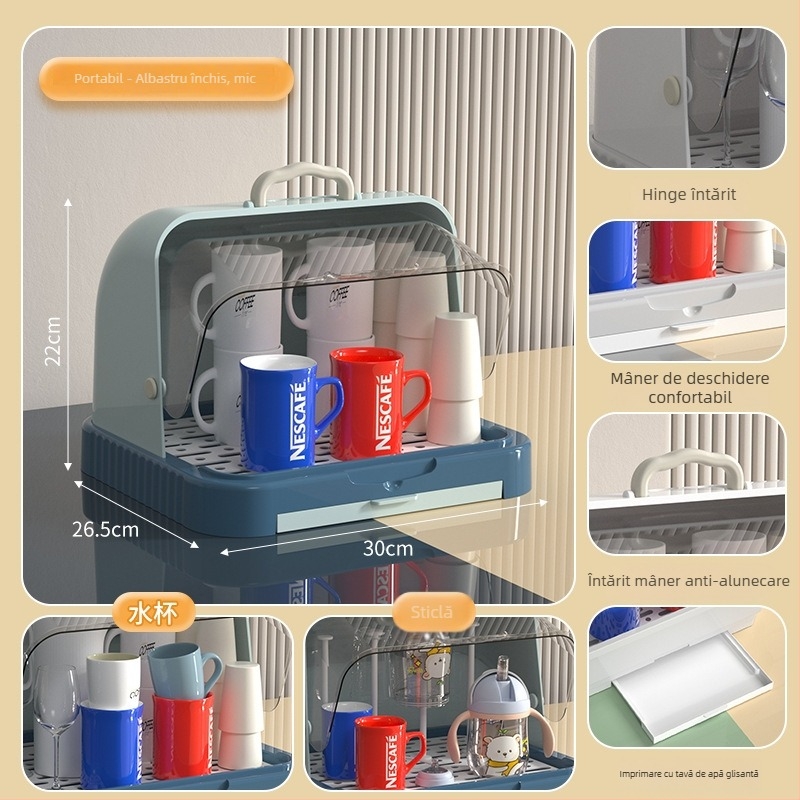 Cutie de depozitare pentru tacâmuri și jucării de bebe cu capac anti-praf și raft de scurgere; spațiu pentru biberon și pahare; cutie pentru lapte praf cu două etaje