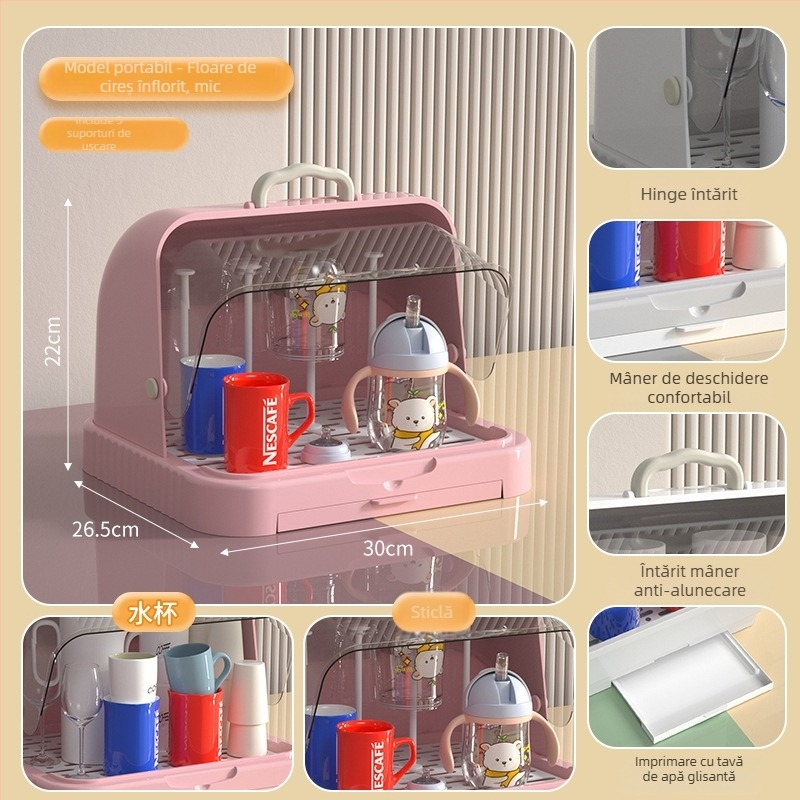 Cutie de depozitare pentru tacâmuri și jucării de bebe cu capac anti-praf și raft de scurgere; spațiu pentru biberon și pahare; cutie pentru lapte praf cu două etaje