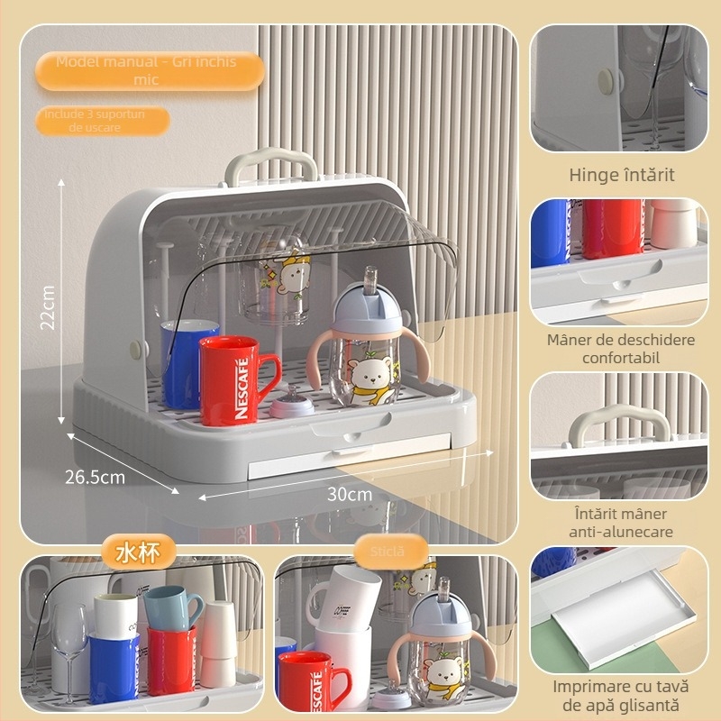 Cutie de depozitare pentru tacâmuri și jucării de bebe cu capac anti-praf și raft de scurgere; spațiu pentru biberon și pahare; cutie pentru lapte praf cu două etaje