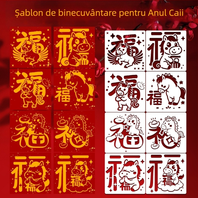 Șablon de embosare pentru caracterele de binecuvântare (Anul Calului) – OWKJASW MN19-MN21, material PET, kit DIY