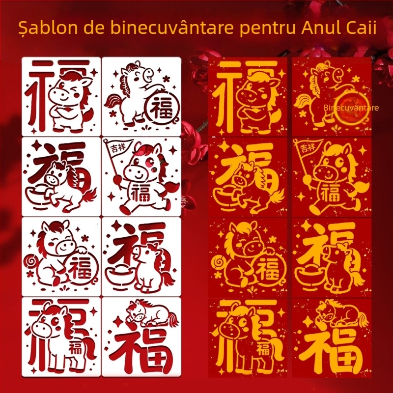 Șablon de embosare pentru caracterele de binecuvântare (Anul Calului) – OWKJASW MN19-MN21, material PET, kit DIY