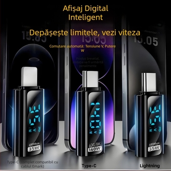 Adaptor Type-C cu afișaj digital: afișaj curent și tensiune, USB-C masculin spre femelă, PD140W display inteligent pentru notebookuri