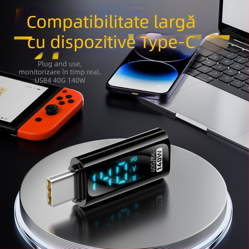Adaptor Type-C cu afișaj digital: afișaj curent și tensiune, USB-C masculin spre femelă, PD140W display inteligent pentru notebookuri