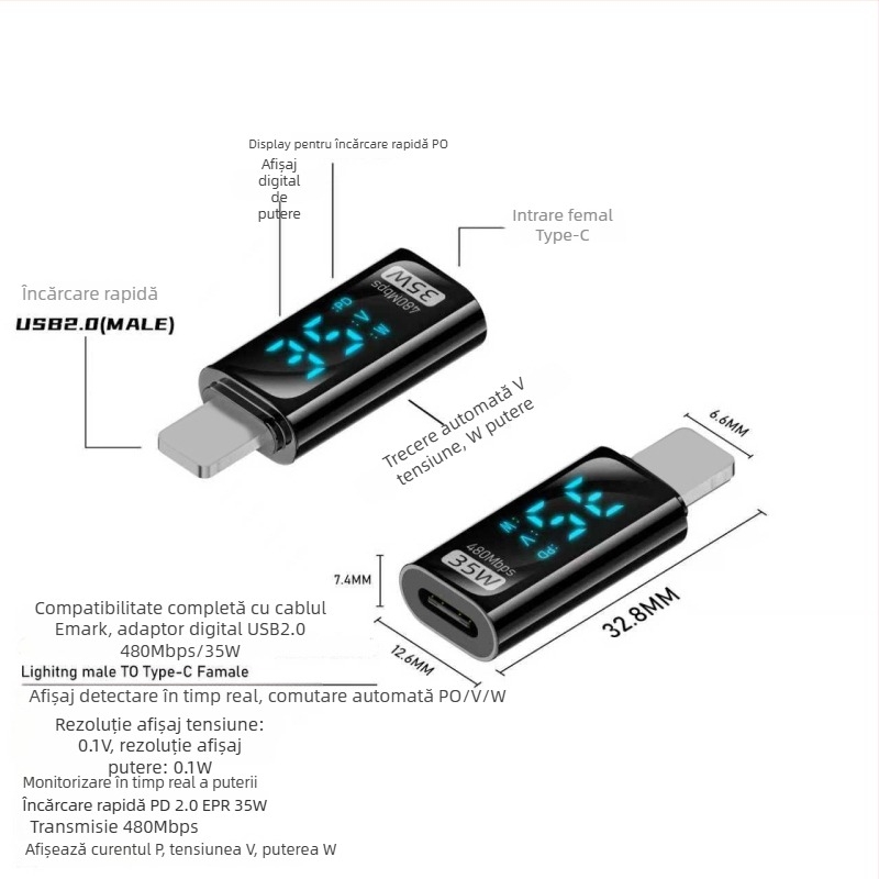 Adaptor Type-C cu afișaj digital: afișaj curent și tensiune, USB-C masculin spre femelă, PD140W display inteligent pentru notebookuri
