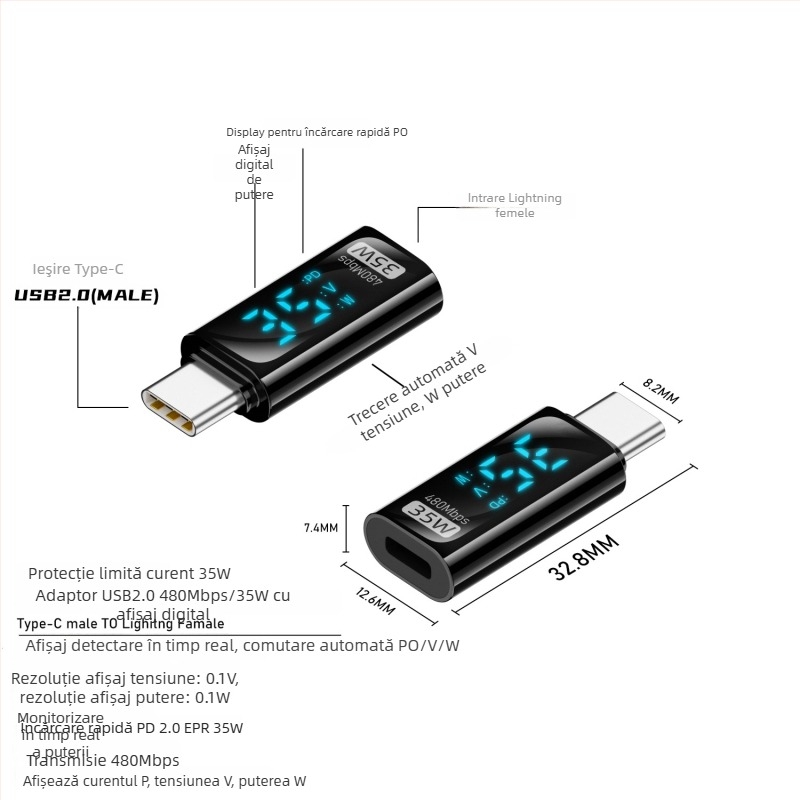 Adaptor Type-C cu afișaj digital: afișaj curent și tensiune, USB-C masculin spre femelă, PD140W display inteligent pentru notebookuri