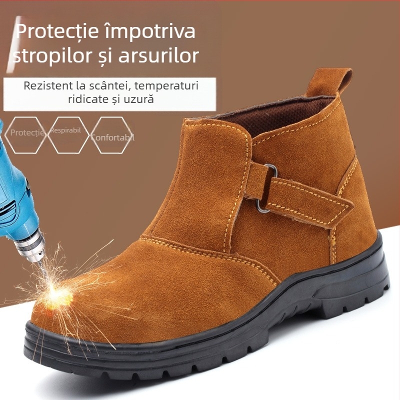 Pantofi de protecție pentru sudură cu vârf din oțel, rezistență la perforare, înalți, din piele de vițel