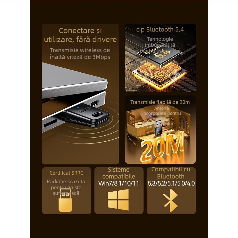 Adaptor Bluetooth BT54H pentru PC, modul transmiţător/receptor, USB, Bluetooth 5.4