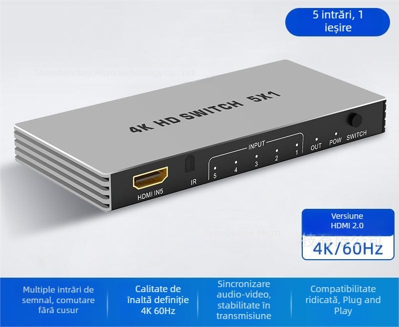 Comutator HDMI 3/4/5 intrări 1 ieșire, versiune 2.1, suport 8K/4K120, model 16X01, Seki Micro