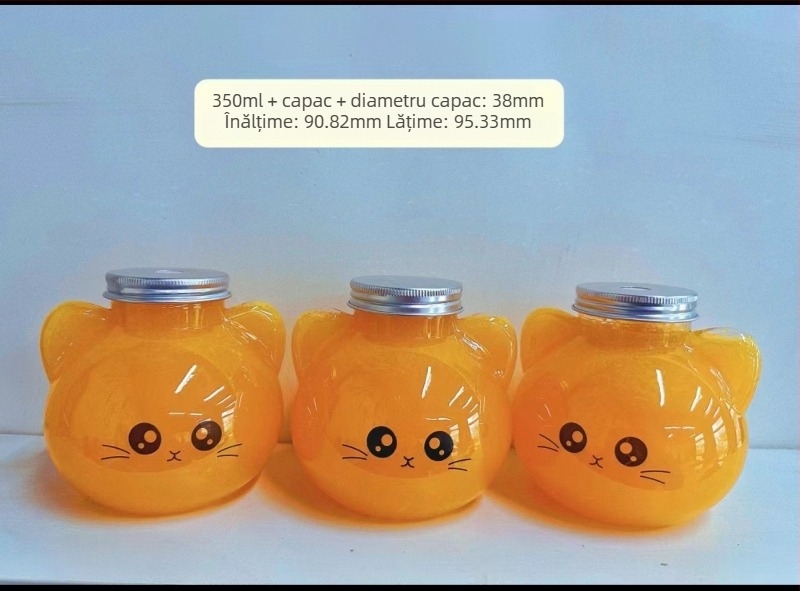 Cupe din plastic pentru ceai cu lapte, design în relief, imprimare logo, capac și pai, temă pisică