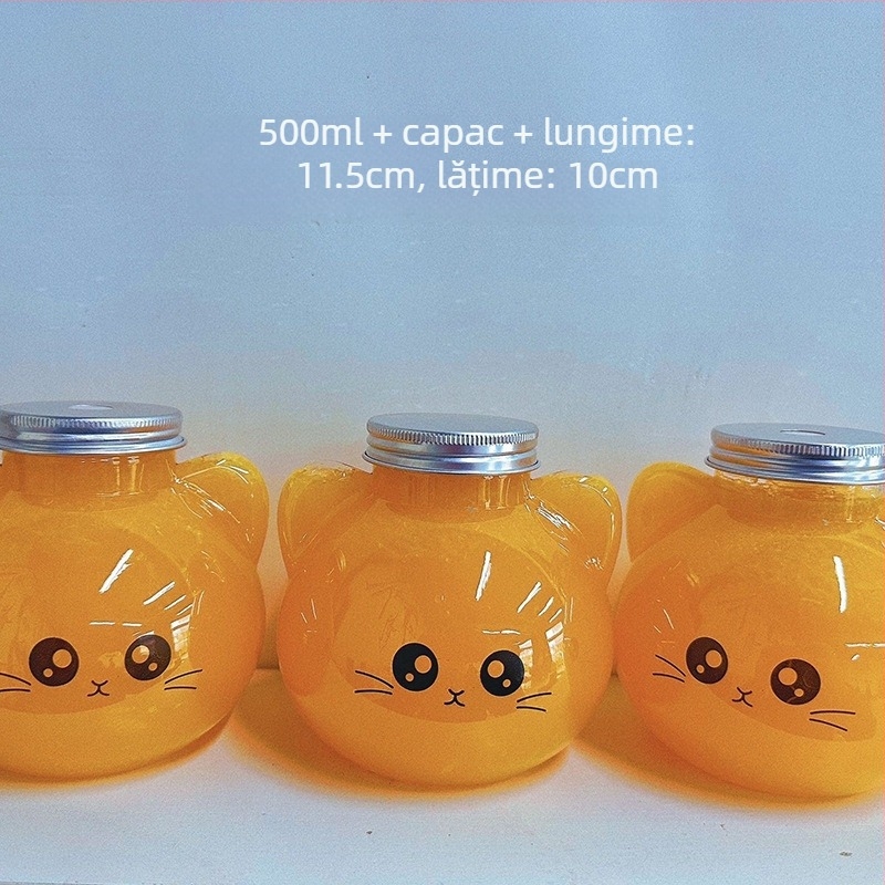 Cupe din plastic pentru ceai cu lapte, design în relief, imprimare logo, capac și pai, temă pisică