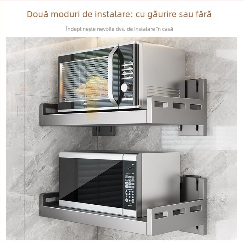 Raft montat pe perete pentru cuptor cu microunde, orezor și cuptor – oțel carbon, fără montaj, organizator de bucătărie multifuncțional