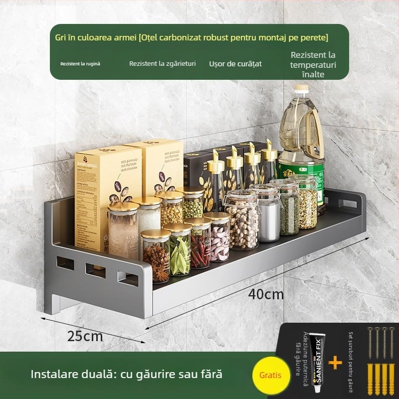 Raft montat pe perete pentru cuptor cu microunde, orezor și cuptor – oțel carbon, fără montaj, organizator de bucătărie multifuncțional