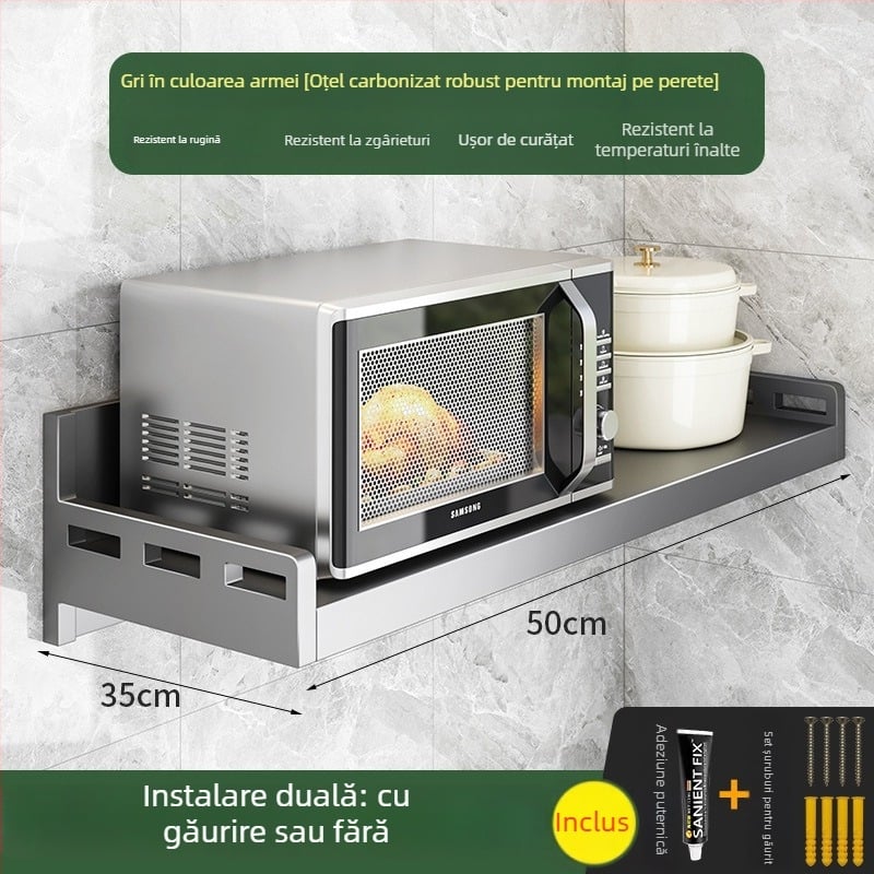 Raft montat pe perete pentru cuptor cu microunde, orezor și cuptor – oțel carbon, fără montaj, organizator de bucătărie multifuncțional