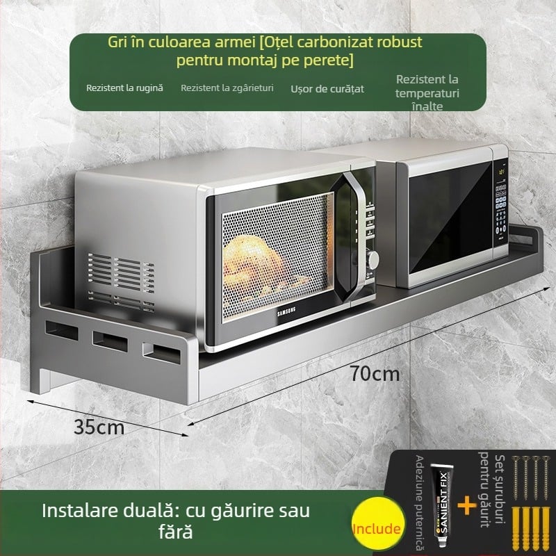 Raft montat pe perete pentru cuptor cu microunde, orezor și cuptor – oțel carbon, fără montaj, organizator de bucătărie multifuncțional