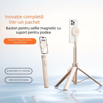 Selfie stick din aliaj de aluminiu, telecomandă Bluetooth, suport ascuns pentru telefon, prindere magnetică cu două fețe, trepied de podea retractabil