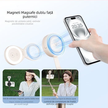 Selfie stick din aliaj de aluminiu, telecomandă Bluetooth, suport ascuns pentru telefon, prindere magnetică cu două fețe, trepied de podea retractabil