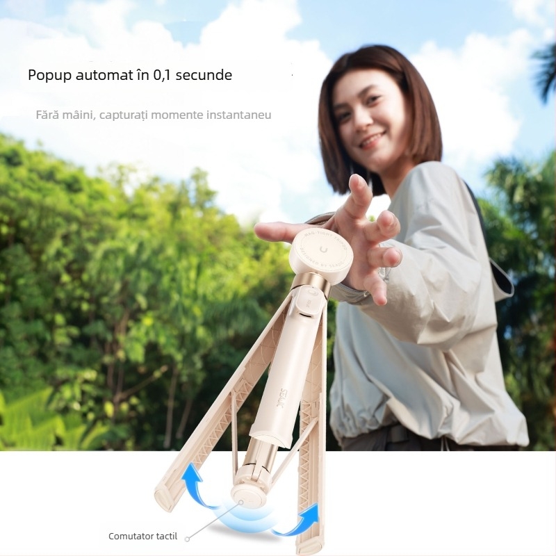 Selfie stick din aliaj de aluminiu, telecomandă Bluetooth, suport ascuns pentru telefon, prindere magnetică cu două fețe, trepied de podea retractabil