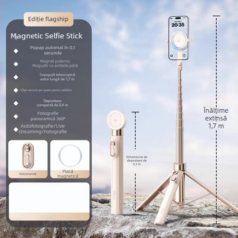Selfie stick din aliaj de aluminiu, telecomandă Bluetooth, suport ascuns pentru telefon, prindere magnetică cu două fețe, trepied de podea retractabil