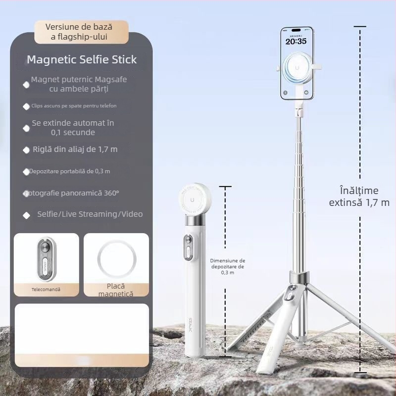 Selfie stick din aliaj de aluminiu, telecomandă Bluetooth, suport ascuns pentru telefon, prindere magnetică cu două fețe, trepied de podea retractabil