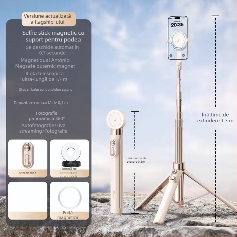 Selfie stick din aliaj de aluminiu, telecomandă Bluetooth, suport ascuns pentru telefon, prindere magnetică cu două fețe, trepied de podea retractabil