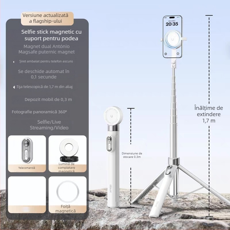 Selfie stick din aliaj de aluminiu, telecomandă Bluetooth, suport ascuns pentru telefon, prindere magnetică cu două fețe, trepied de podea retractabil
