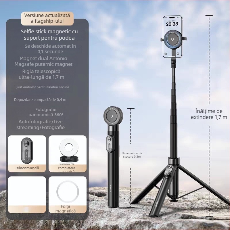 Selfie stick din aliaj de aluminiu, telecomandă Bluetooth, suport ascuns pentru telefon, prindere magnetică cu două fețe, trepied de podea retractabil