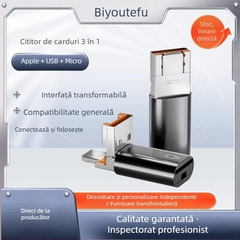 Adaptor OTG USB-C cu cititor de carduri TF, design 2-în-1 cu clapetă, modelul D-101, compatibil cu dispozitive Type-C, Lightning și USB