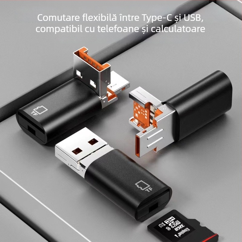 Adaptor OTG USB-C cu cititor de carduri TF, design 2-în-1 cu clapetă, modelul D-101, compatibil cu dispozitive Type-C, Lightning și USB
