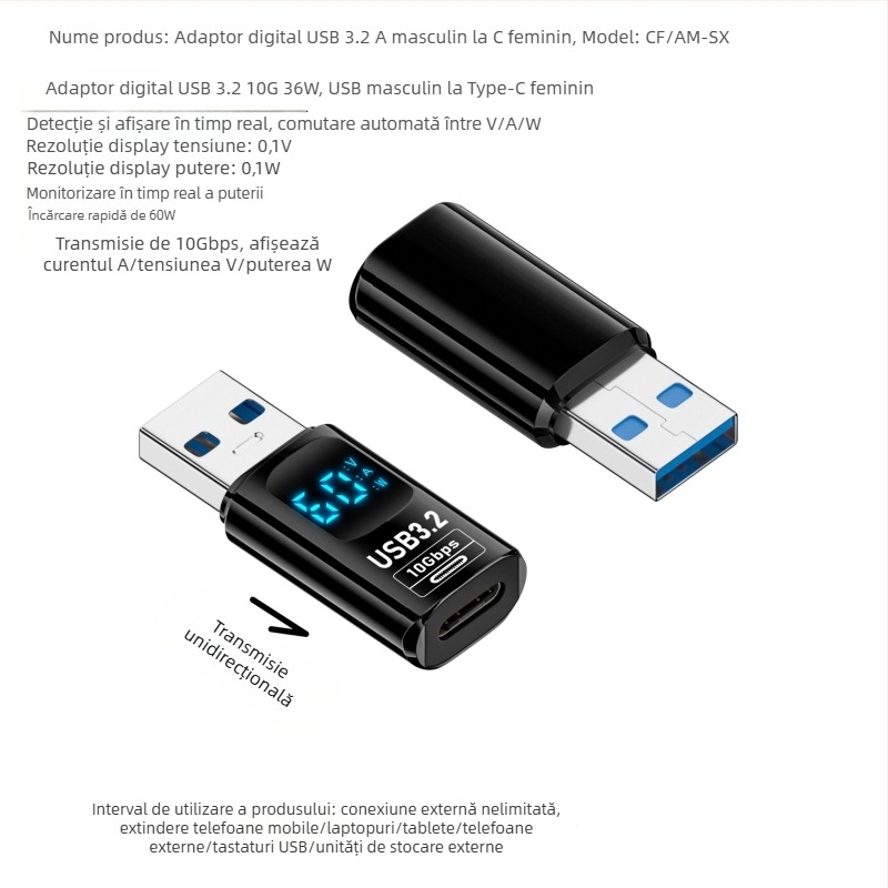 Adaptor USB cu afișaj digital pentru tensiune, curent și putere – Tanigawa Adapter-usb digital display, universal OTG compatibil