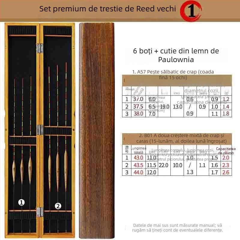 Set plute verticale pentru pescuit – plută din stuf în cutie din lemn de paulownia – brand Tadoshi Alu – origine Linxiang, Hunan