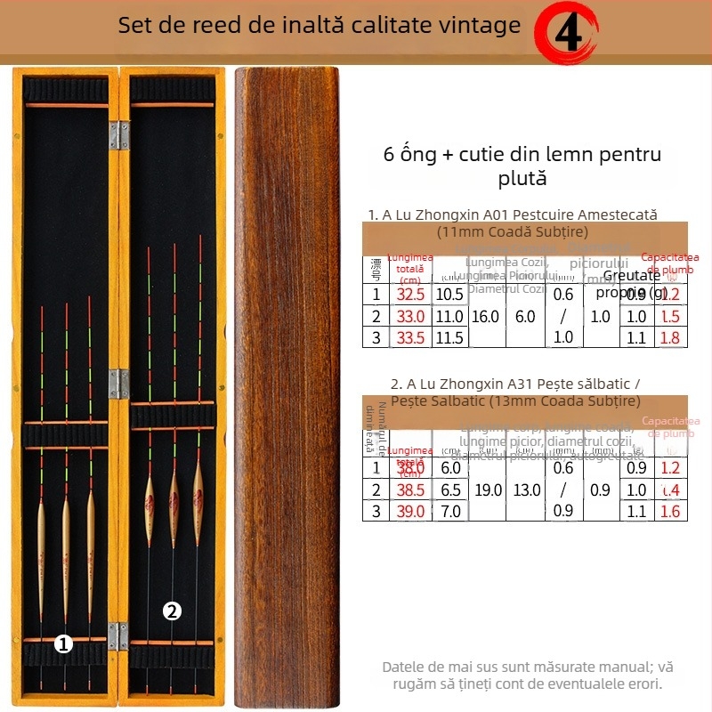 Set plute verticale pentru pescuit – plută din stuf în cutie din lemn de paulownia – brand Tadoshi Alu – origine Linxiang, Hunan