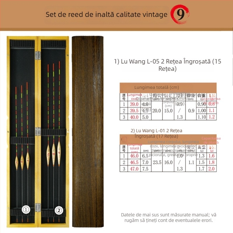 Set plute verticale pentru pescuit – plută din stuf în cutie din lemn de paulownia – brand Tadoshi Alu – origine Linxiang, Hunan