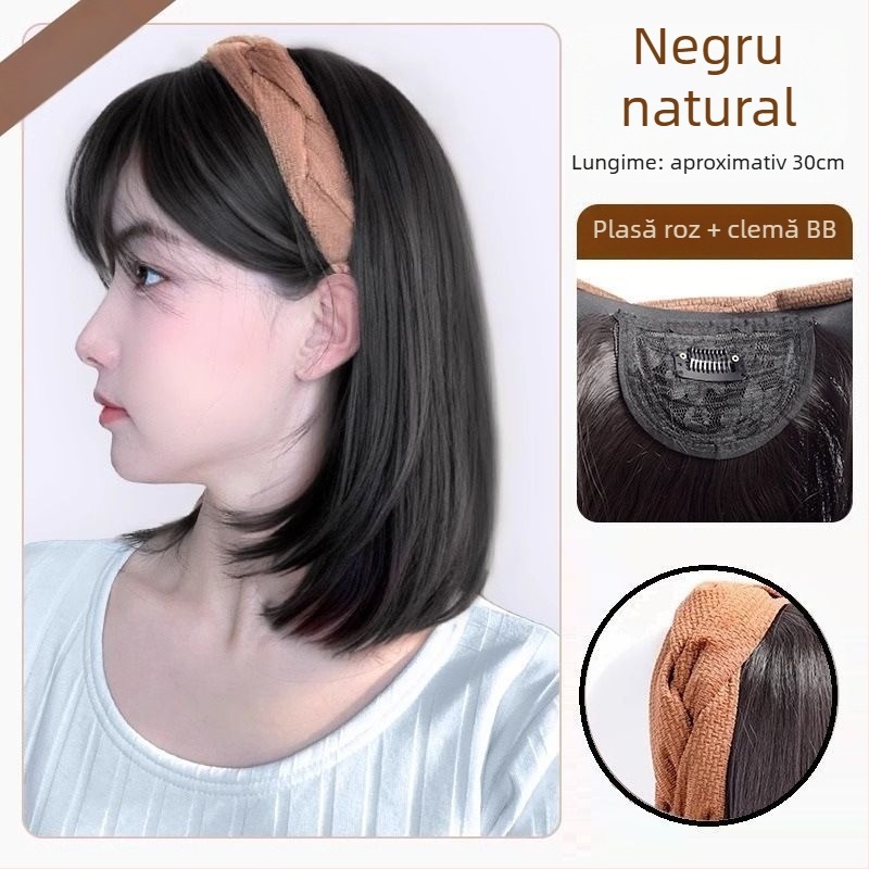 Păr par, piesă unică pentru jumătate de cap, natural invizibil din spate, acoperă firele albe și mărește volumul; Material: mătase termică înaltă; Stil: scurt drept; Lungime: scurt; Stil: Japone-Koreean; Nu poate fi vopsită
